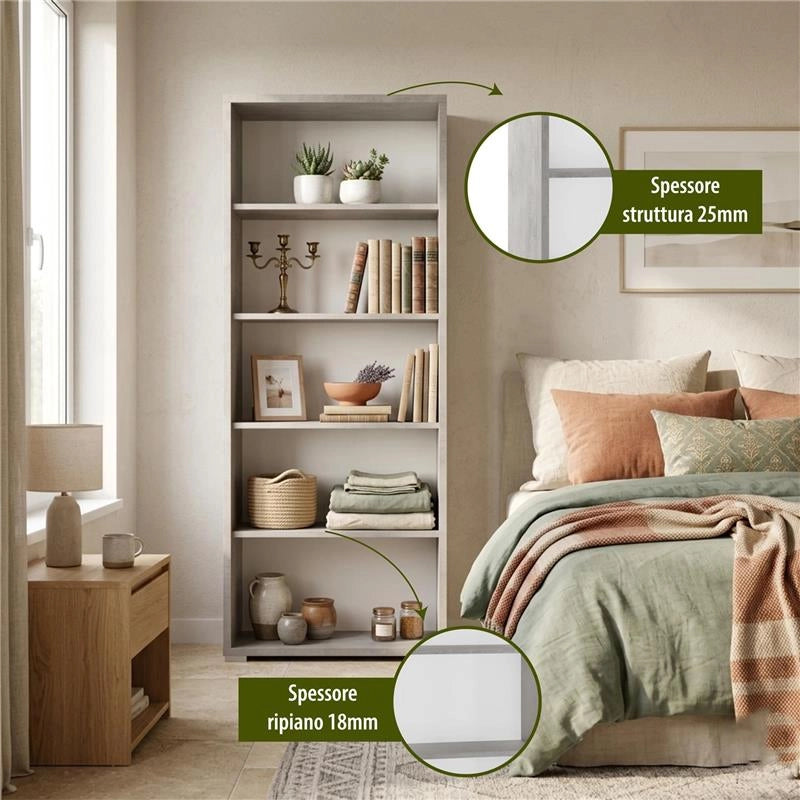 LIBRERIA A GIORNO DA ARREDO IN LEGNO CON 5 RIPIANI 182X71X41 CM COLORE CEMENTO