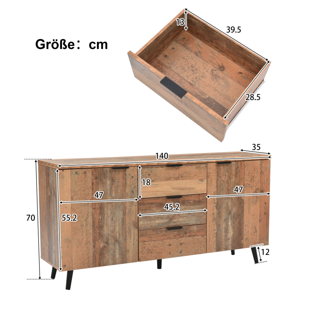 Mobile TV vintage marrone antico 140 cm con 3 cassetti e ripiani regolabili