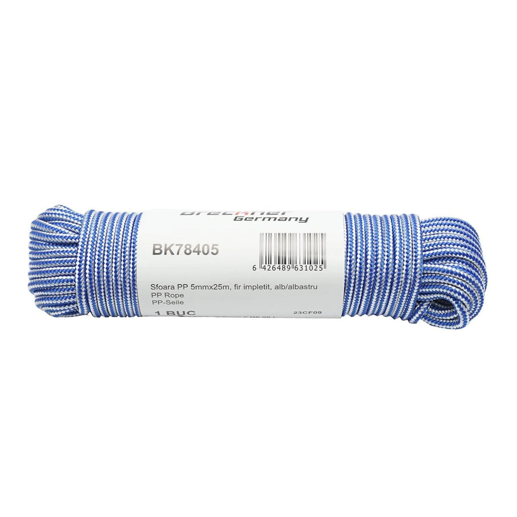 Corda PP intrecciata 5 mm x 25 m, bianca/blu, Corda multiuso in polipropilene, Breckner Germany