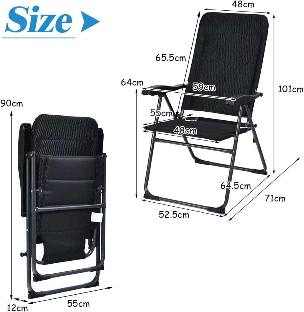 Set di 2 sedie pieghevoli per giardino, sedie con schienale regolabile, supporto ergonomico e cuscino per seduta in spugna, sedie da pranzo per patio, giardino, nero (Nero)