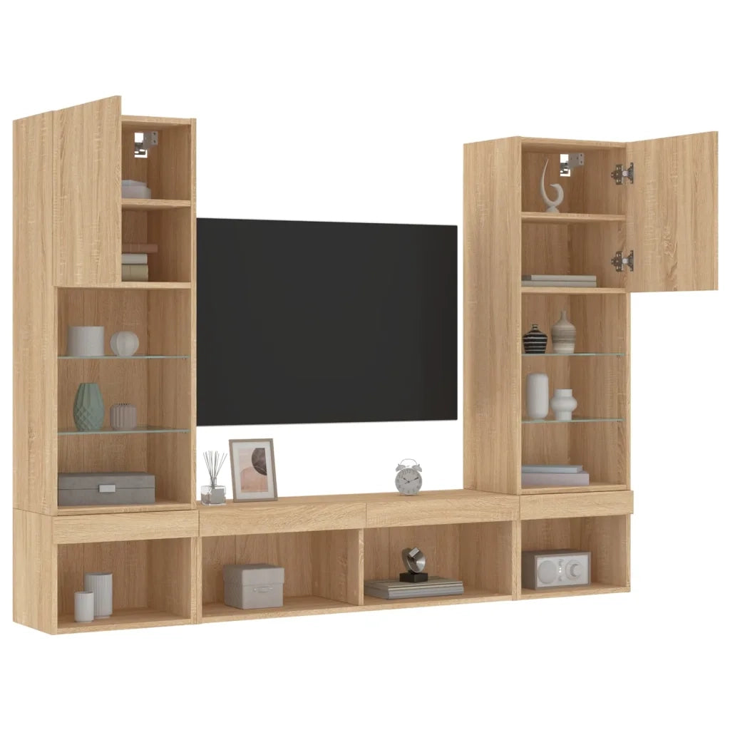Mobili TV a Muro con LED 5pz Rovere Sonoma Legno Multistrato 3216692