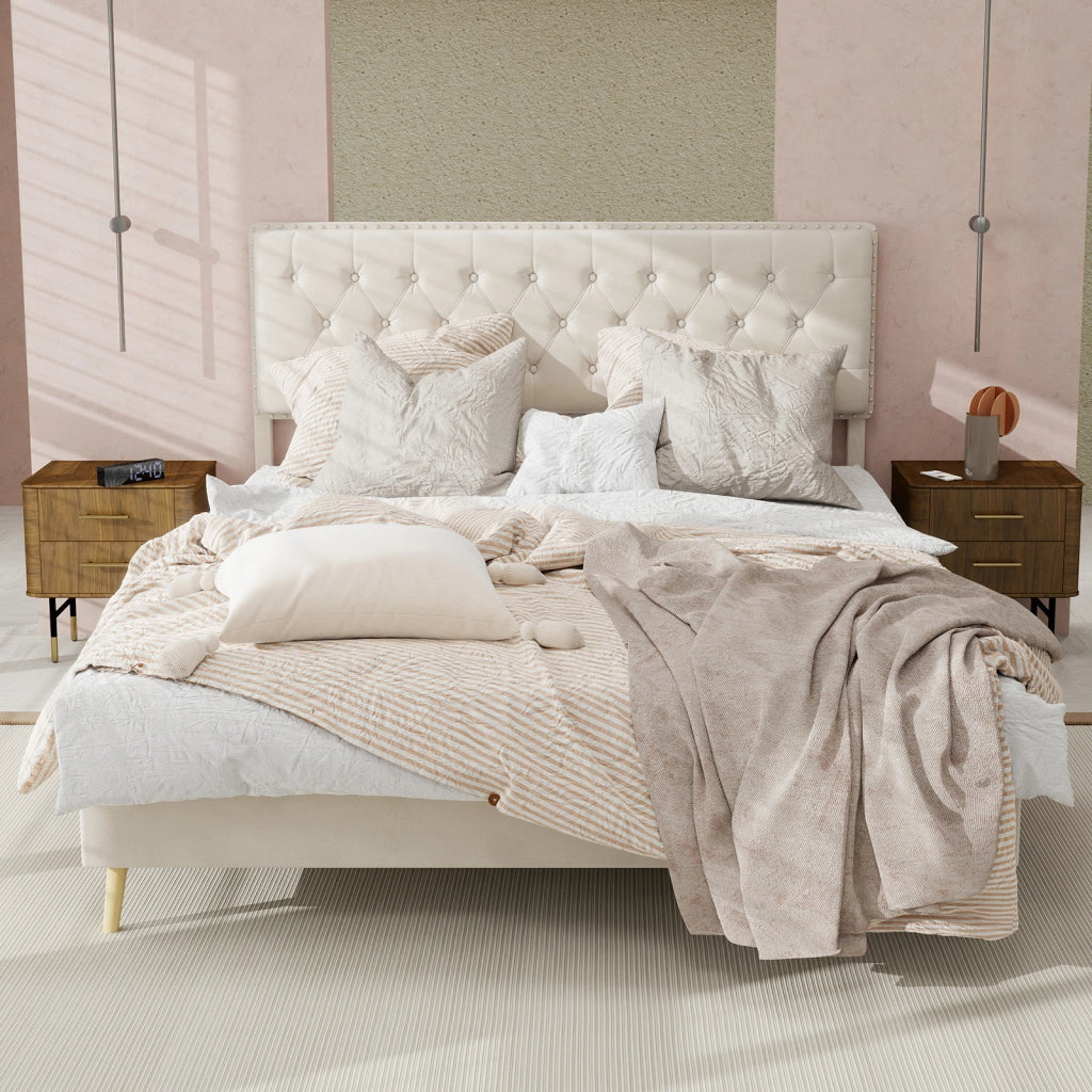 Letto Matrimoniale 140x200 cm con spazio inferiore; Testiera Alta in Velluto Beige