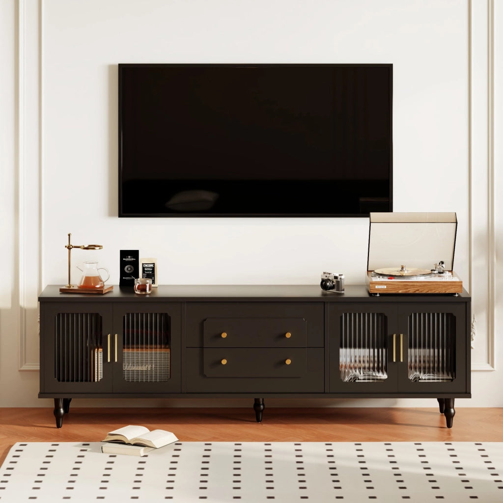 Mobile TV con 4 Ante in Vetro Rigato e Cassetti Push to Open; in Truciolato; 177 × 38 × 55.5 cm; Nero