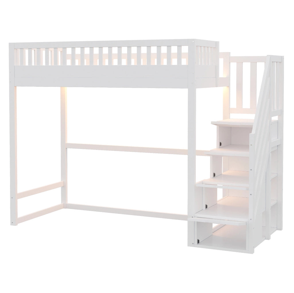 Letto a Castello in Legno di Pino 90x200 cm con Scaletta di Sicurezza e LED, Bianco