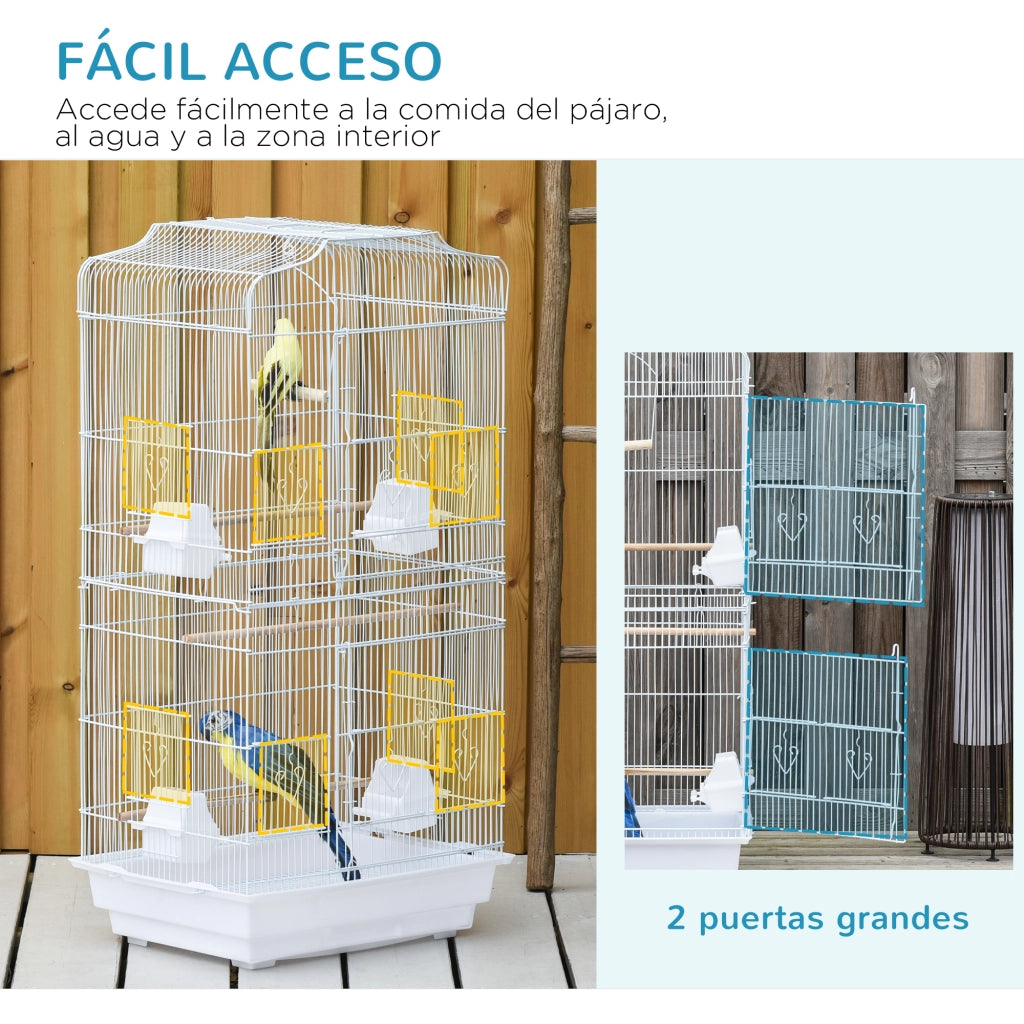 Gabbia per Uccelli in Metallo con 4 Mangiatoie 3 Trespoli Altalena e Vassoio Estraibile ¨C Xylo ¨C 46,5x35,5x92 cm Bianco