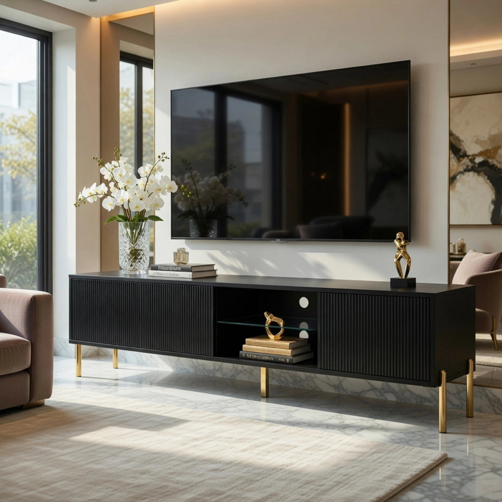 Mobile Porta TV Moderno Con 3 Ante Finitura A Doghe Verticali Vano Centrale Con Passacavi Struttura In Melaminico Per Soggiorno Salotto Design Moderno 175 X 31 X 47 Cm Nero