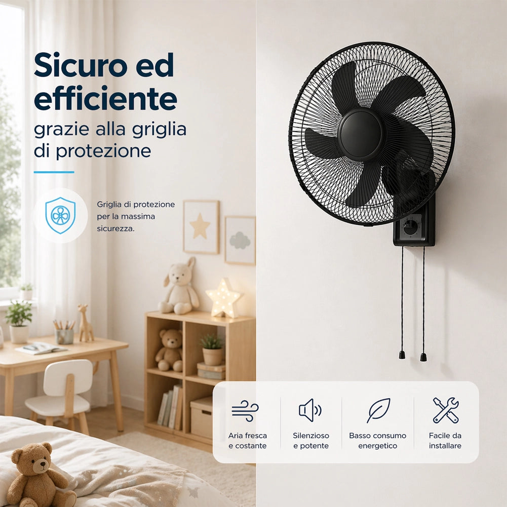Ventilatore da Muro Ø43 cm Raffrescatore Silenzioso 65W 3 Velocità Installazione a Parete in Metallo Nero