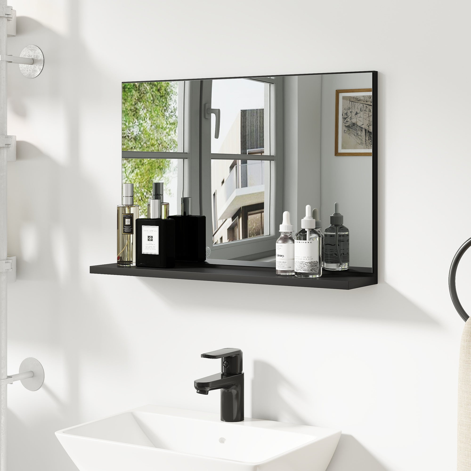 Specchio Bagno da Parete 60x12x40 cm con Mensola in Truciolato Nero