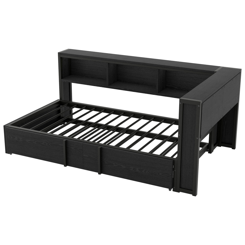Letto a Divanetto 90 x 200 cm con estraibile; 5 armadi; LED e USB in metallo e MDF nero