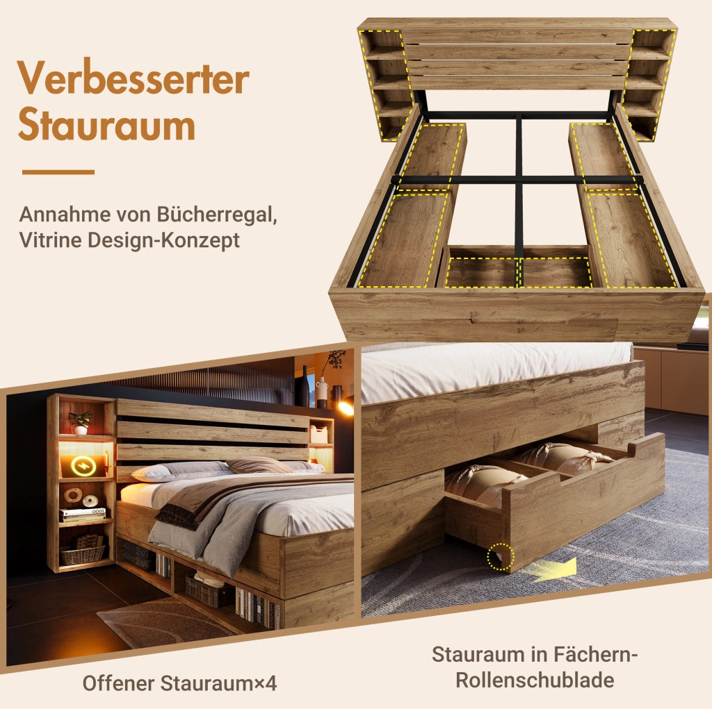 Letto matrimoniale 160x200 cm rovere con LED, USB-C e cassetti
