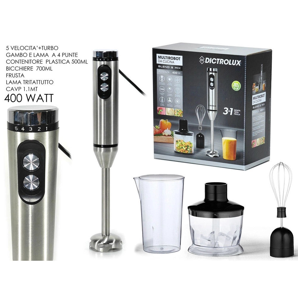 Trade Shop - Multirobot Da Cucina 400 Watt 3in1 Monta Trita Frulla Con 5 Velocità + Funzione Turbo -