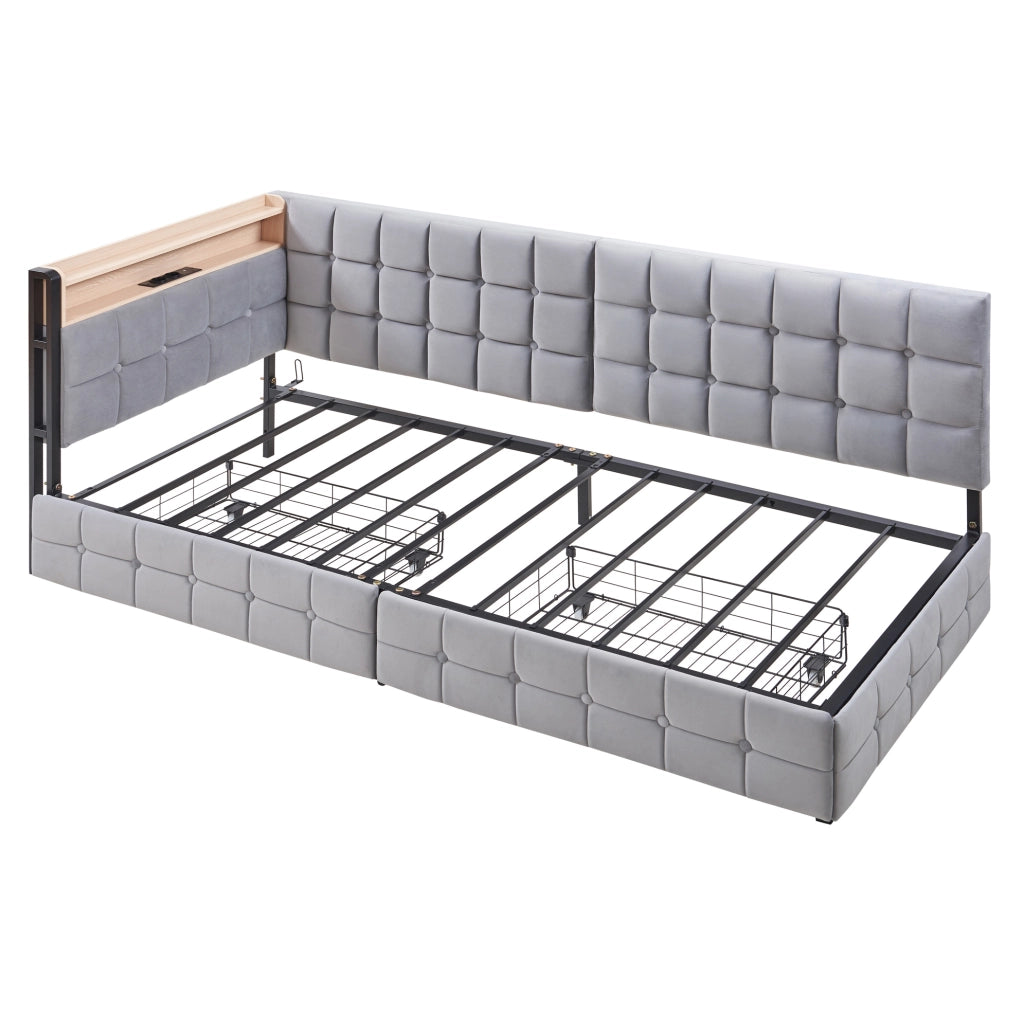 Divano letto 90x200 cm con 2 cassetti, LED, USB e USB-C in velluto grigio