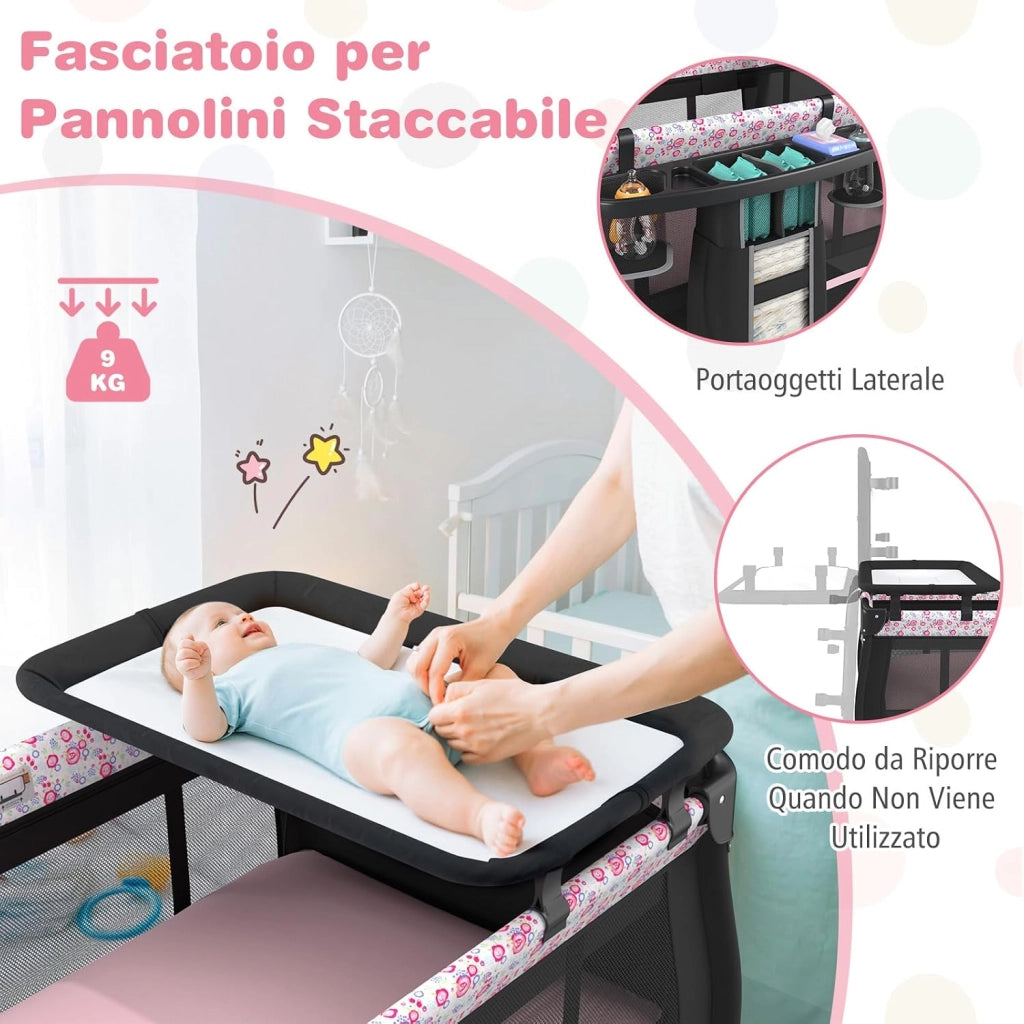 4 in 1 Lettino Neonato con Materasso, Culla da Campeggio con Fasciatoio Cappottina Regolabile, Ruote Bloccabili, Box Piechevole per Bambini 0-36 Mesi (Fiore Grande)