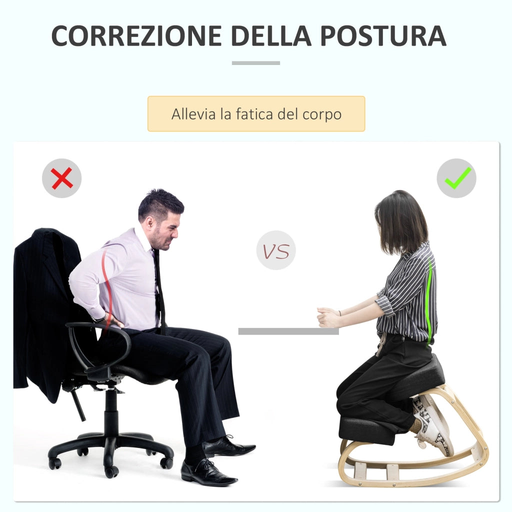 Sedia Ergonomica con Inginocchiatoio 51x69x58 cm in Betulla e Poliestere Nero