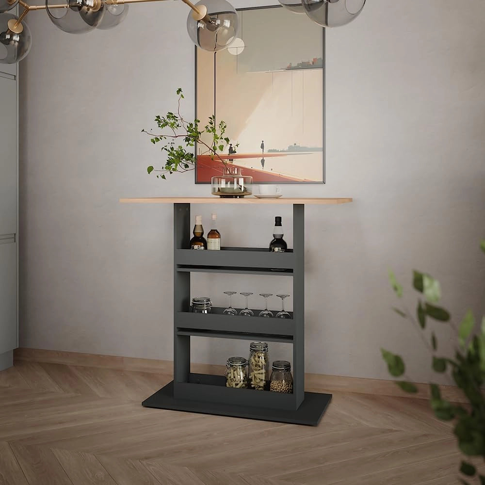 Tavolo da bar Repose, Quercia dorata/antracite, 110 x 55 cm, con scaffale aperto per riporre utensili da cucina