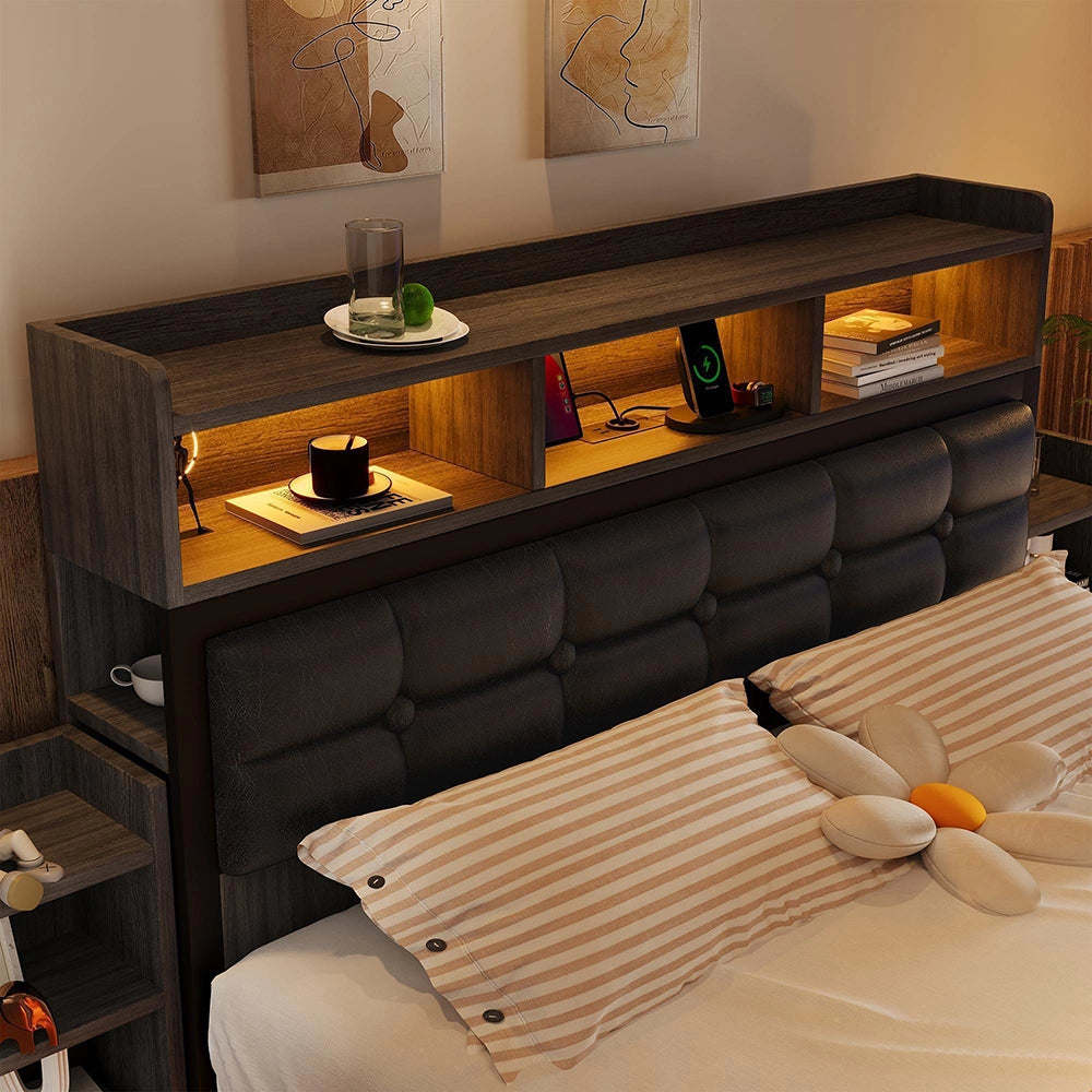 Letto matrimoniale - Xylo - 140x190 cm - Grigio - Testiera, comodini scorrevoli, ricarica USB/LED