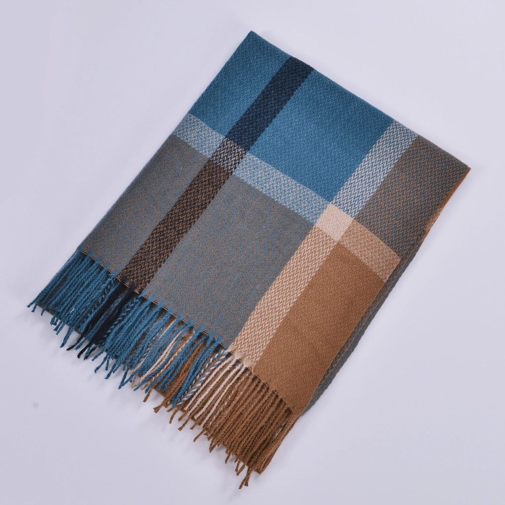 Sciarpa da donna double-face con nappe, stile classico, fantasia a quadri colorata, sciarpa calda