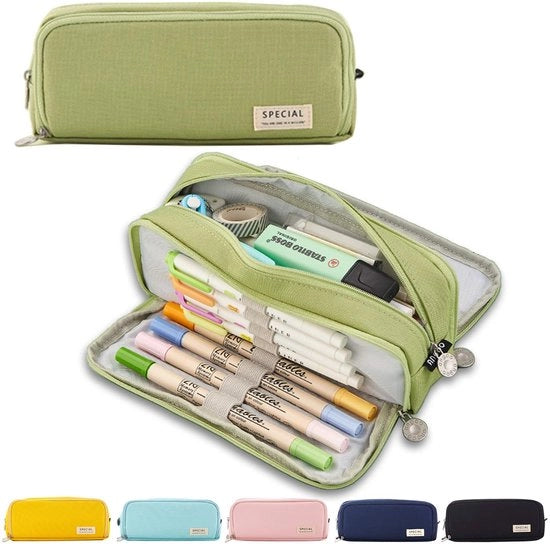 Etui multifunzionale ampio con 3 cassette - Etui per scuola ragazzi e ragazze - Ufficio - Tasca per pennarelli - Materiale scolastico - Accessori scolastici - Borsa per computer - Borsa per accessori - Back to School - Verde