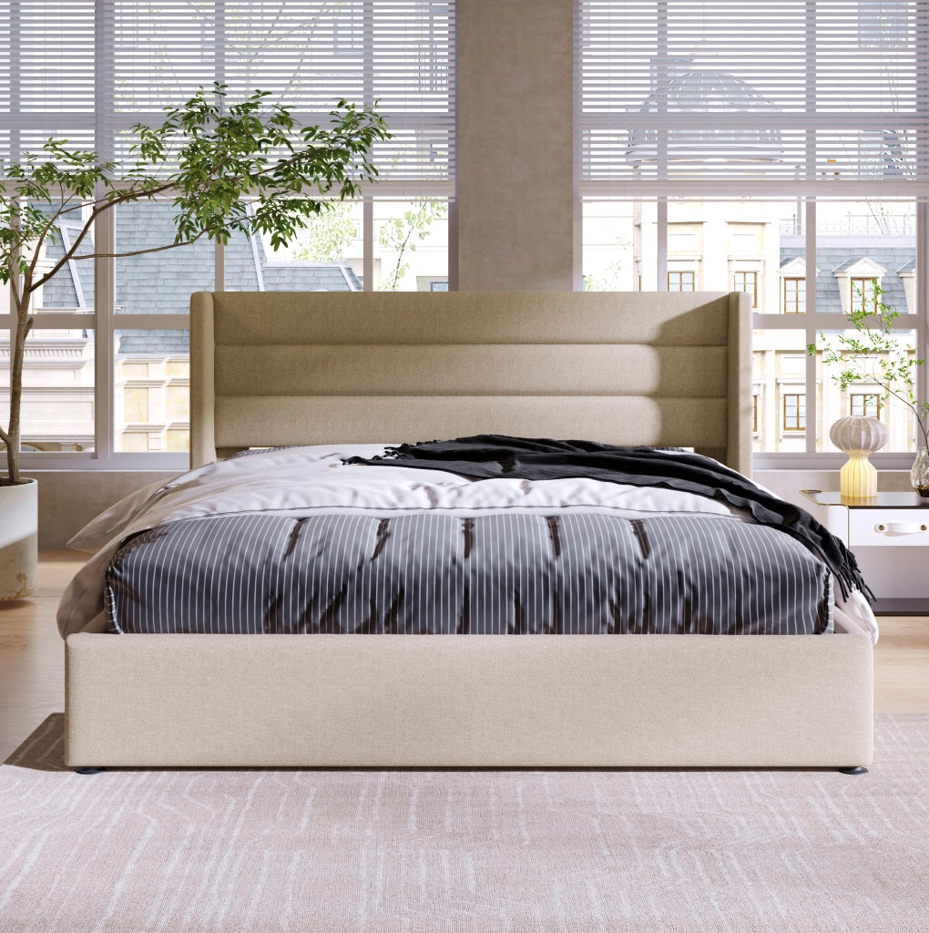 Letto imbottito con vano contenitore idraulico 160 x 200 cm beige