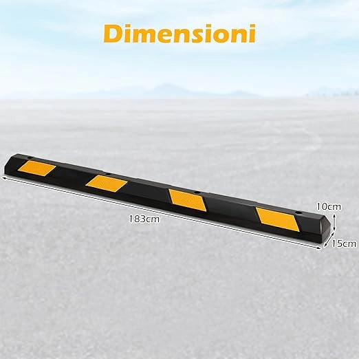 Fermaruote in Gomma per Parcheggi e Garage, Ferma Ruote con Strisce Riflettenti Gialle Capacità di Carico di 4 Ton, Barriera Parcheggio per Auto e Camion 183 x 15 x 10 cm, Nero e Giallo