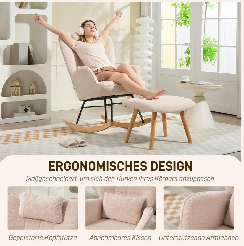 Poltrona a dondolo beige con poggiapiedi
