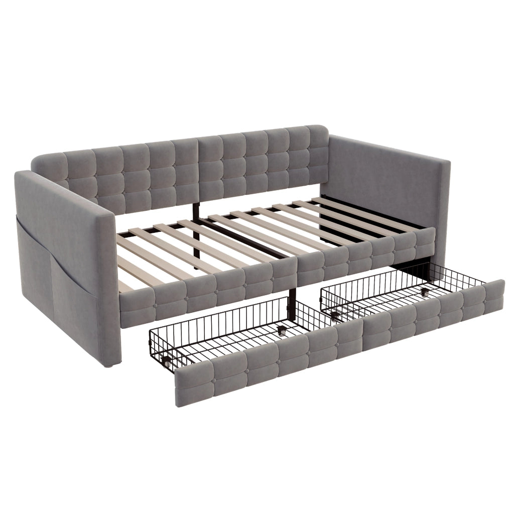 Letto imbottito 90x190 cm con 2 cassetti e tasche laterali in velluto grigio