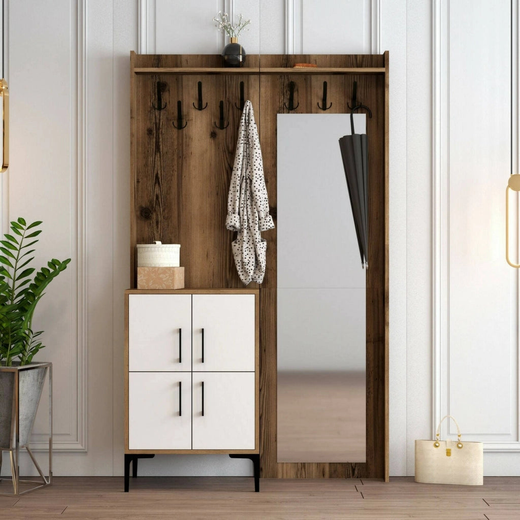 Mobile da ingresso Isidore, Entratina appendiabiti, Composizione per atrio, Consolle portaoggetti multifunzione, 120x35h200 cm, Noce e Bianco