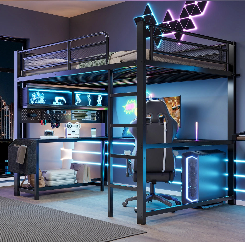 Letto a soppalco 140x200 cm con scrivania; LED e stazione di ricarica in MDF e metallo nero