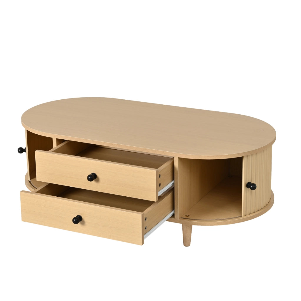 Tavolino da salotto 100x50x36 cm con ante scorrevoli e 2 cassetti in MDF naturale