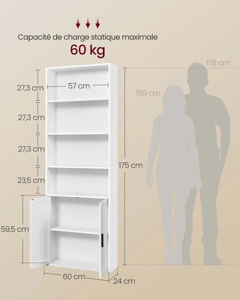 Libreria alta a 6 ripiani con anta mobile contenitore aperto 24 x 60 x 175 cm per soggiorno ufficio sala da pranzo bianco 12_0005285