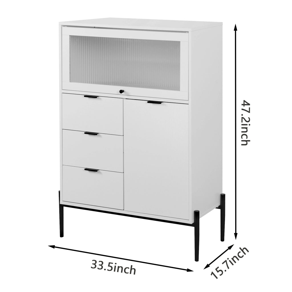 Credenza con 3 Cassetti; 1 Anta e 1 Anta in vetro; Ripiani regolabili; per Cucina; in Pannelli di particelle; 85×40×120 cm; Bianco