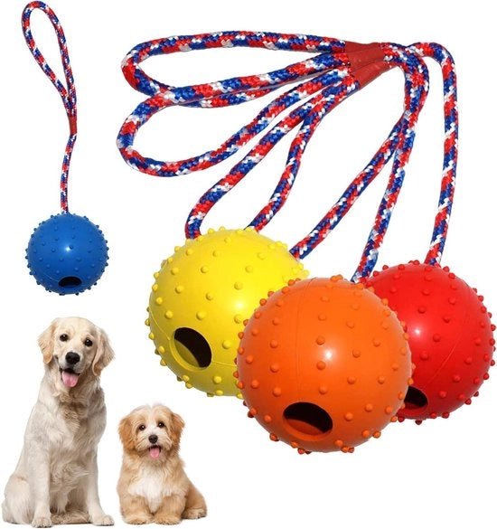 Palla da Cane con Corda - Pacchetto da 4 - Raccogliere, Catturare, Lanciare, Tiro alla Corda - Gomma Naturale (5 cm)