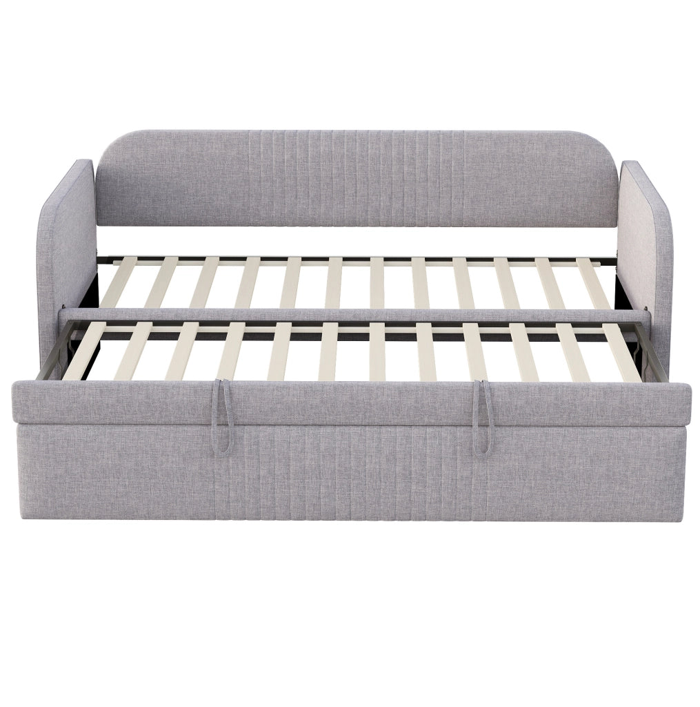 Divano letto 200.5x96x86 cm trasformabile in 2 misure; con rete a doghe; in tessuto di lino grigio chiaro