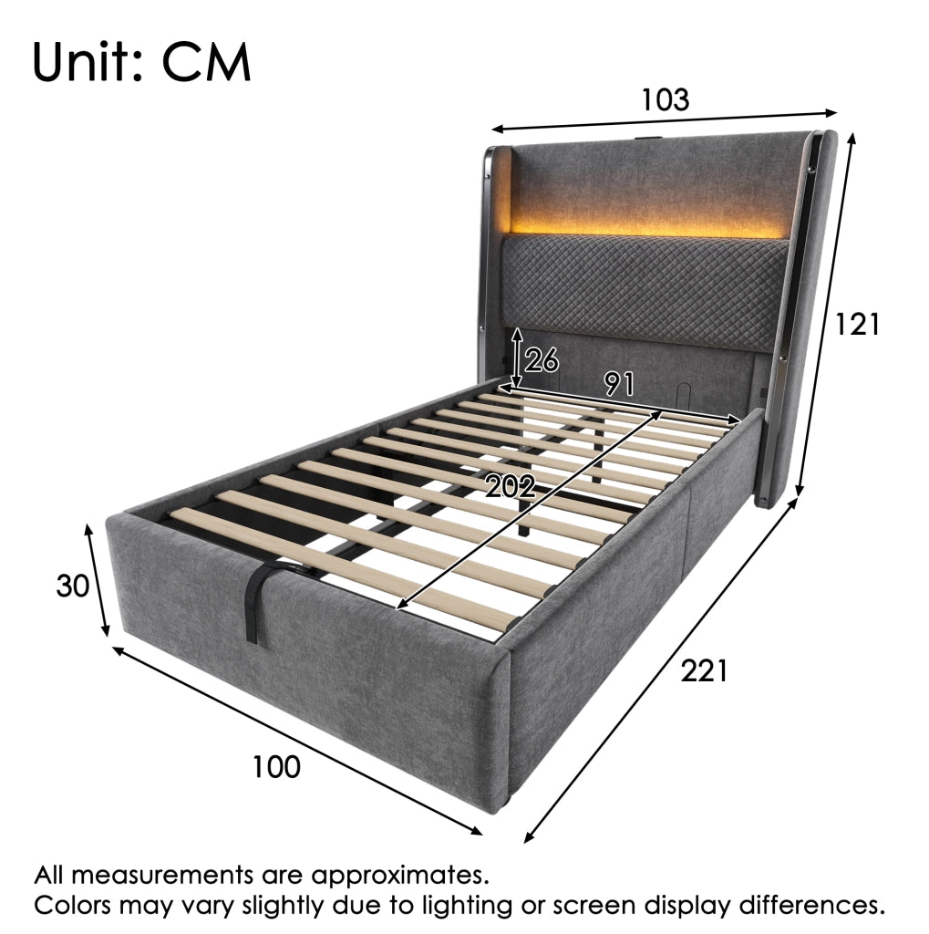 Letto singolo 90x200 cm con contenitore; testiera alta in lino grigio; LED e prese USB Type-C
