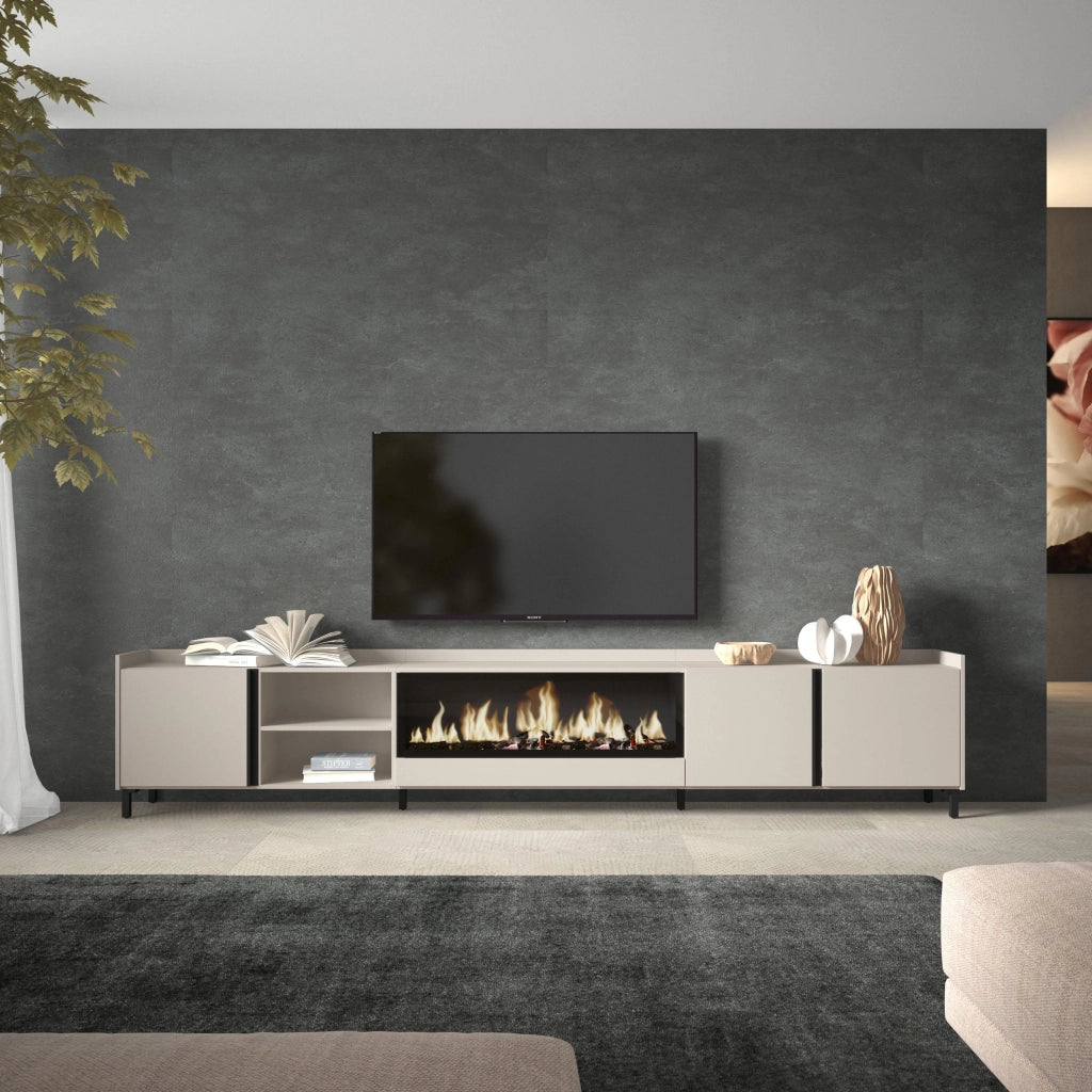 Mobile TV Soggiorno, 315x61x35 cm, Per TV fino a 80", Camino elettrico XXL, Design industriale, Beige