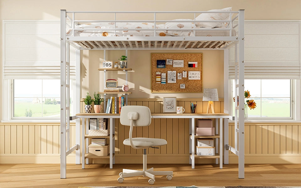 Letto a castello con tavolo e scaffali in ferro e MDF bianco 90x200 cm
