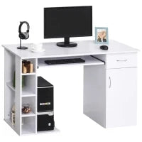 Scrivania per PC Ergonomica con Mensole, Armadietto, Cassetto e Piano Tastiera Estraibile, Bianca, 120x60x74cm