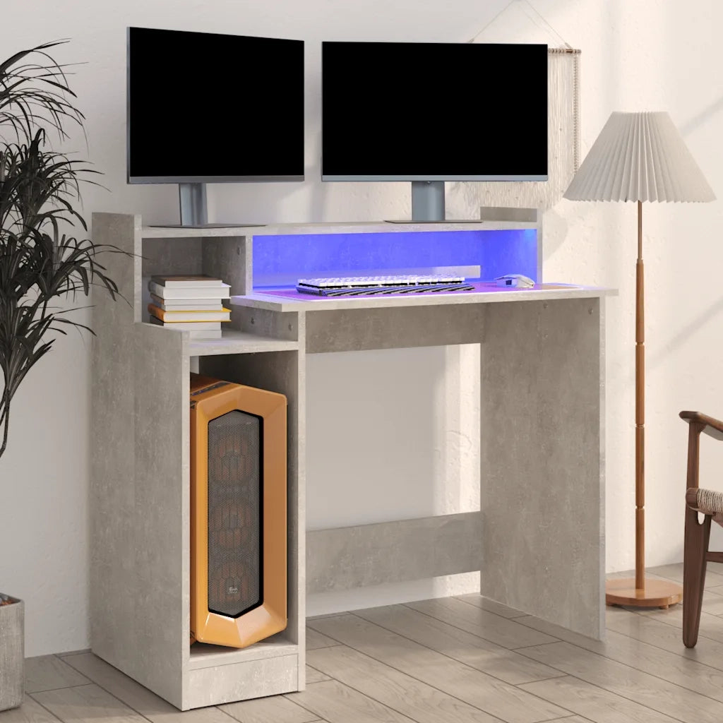 Scrivania | Tavolo da Ufficio con Luci LED Grigio Cemento 97x45x90cm in Multistrato