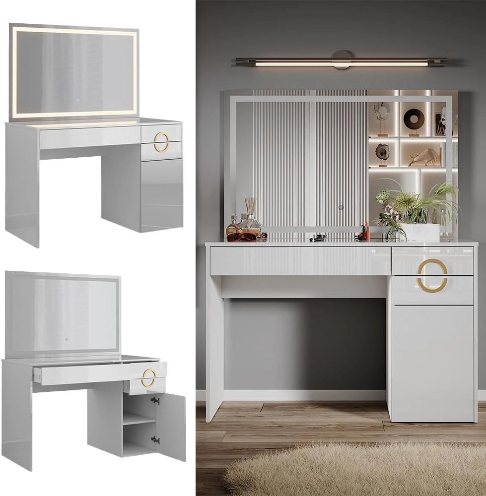 Tavolo da toeletta Adela, Bianco, 115 cm con specchio a LED, Funziona anche come postazione di lavoro elegante