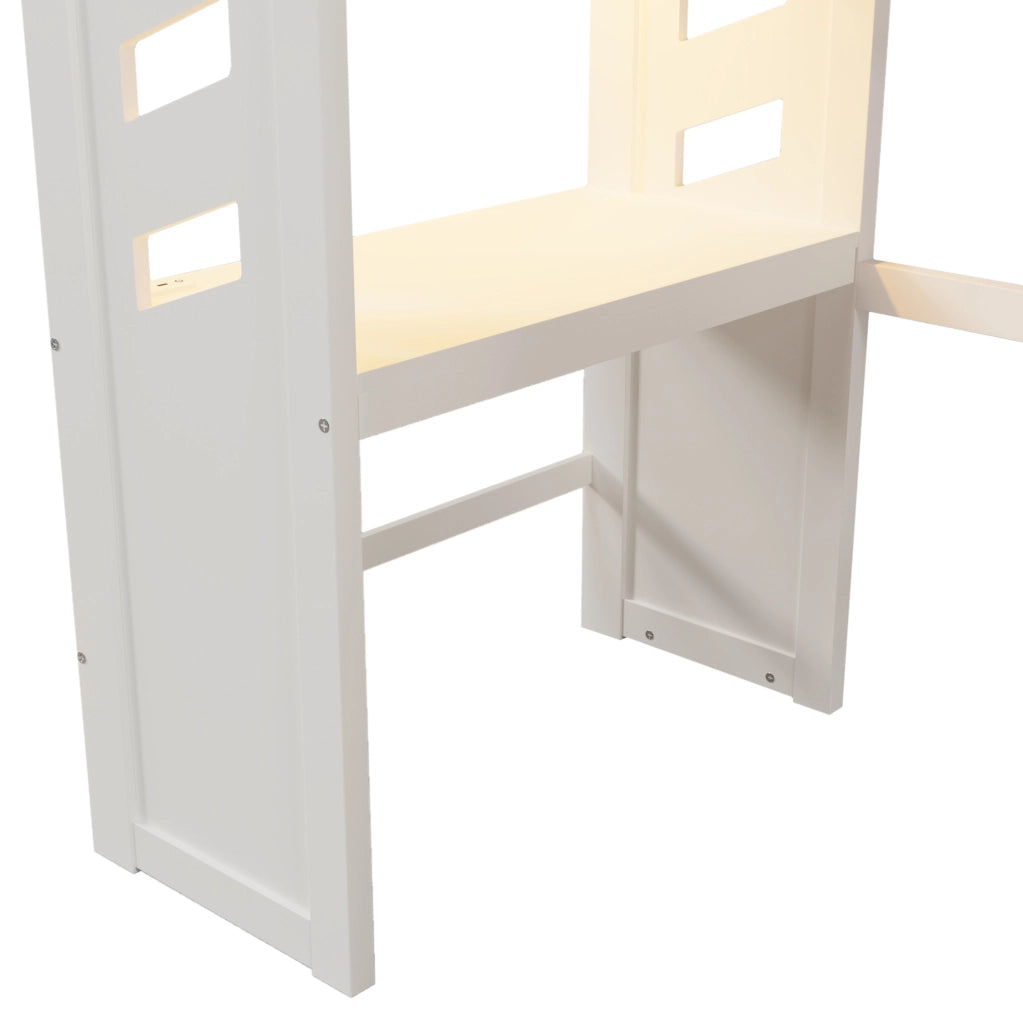 Letto a soppalco 90x200 cm con scrivania; LED; USB e Type-C; bianco