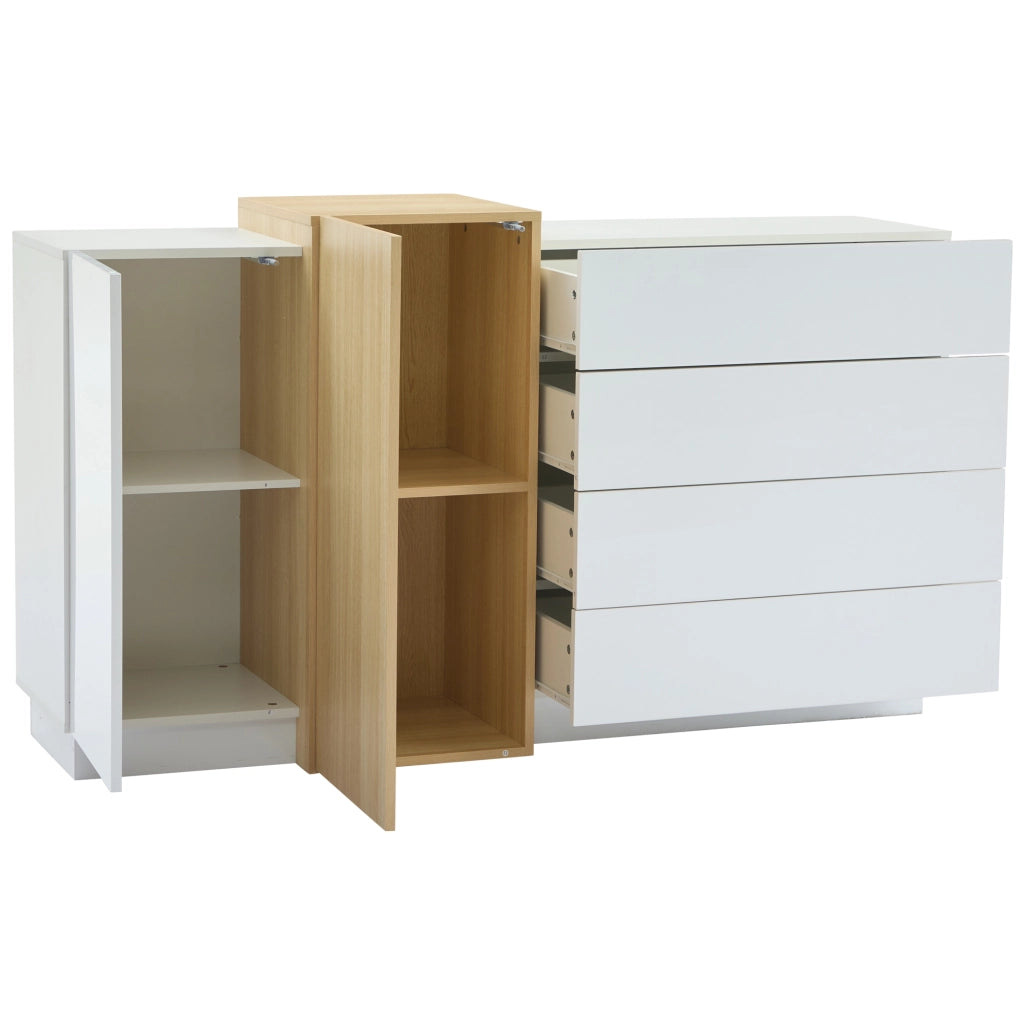 Credenza con 2 ante e 4 cassetti; apertura push - per soggiorno - 140×35×76.5 cm - bianco