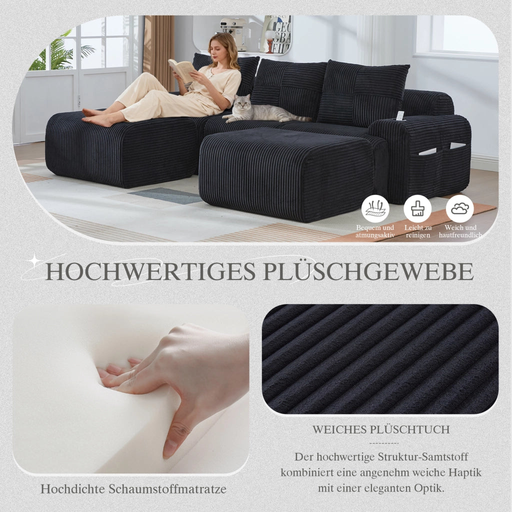 Divano modulare a 3 posti con portabicchieri e tasca laterale in tessuto effetto corduroy nero 268 × 174 × 66 cm