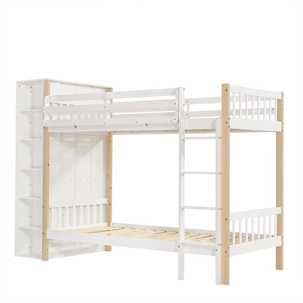Letto a castello 90x200cm - Xylo - bianco/naturale, 6 ripiani, sicuro