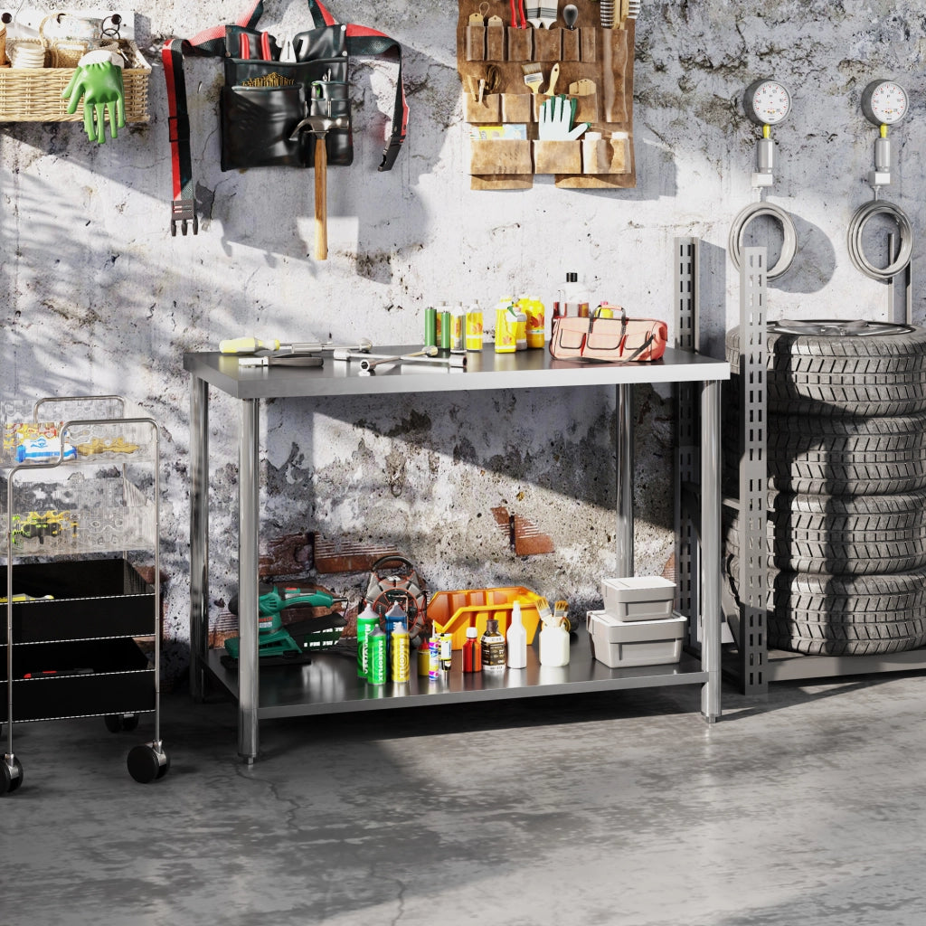 Tavolo da lavoro in acciaio con ripiani ¨C zephmum ¨C argento 120x60x86
