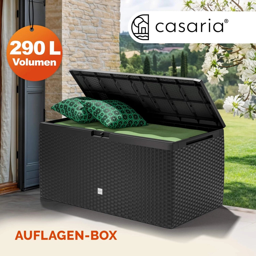 ® Baule da Giardino 117x47x60cm Aspetto Polyrattan 290L Box Multiuso Multibox Cuscini 6 Ruote Coperchio Esterno