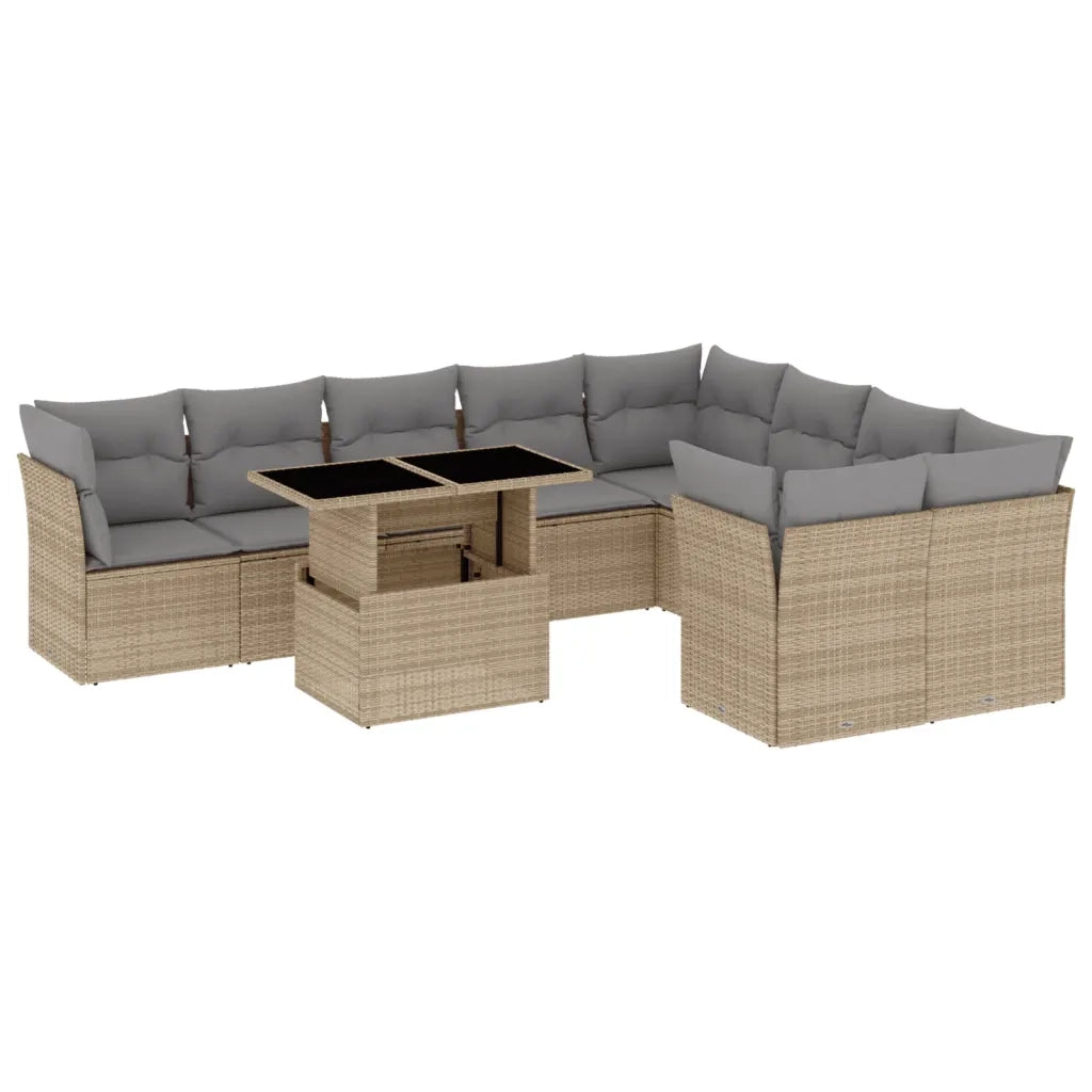 Set Divano da Giardino 10 pz con Cuscini Beige in Polyrattan