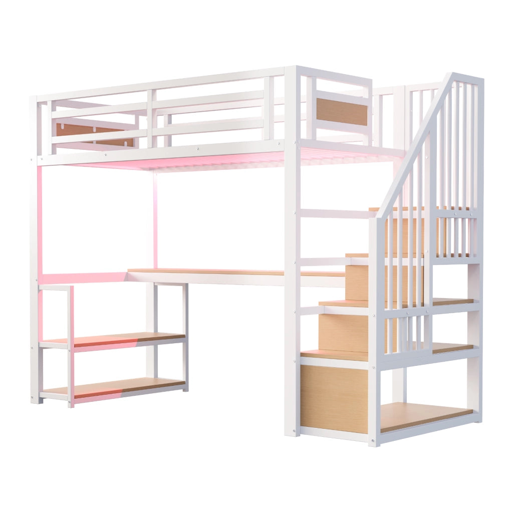 Letto a soppalco 90 × 200 cm con scala contenitore, ripiani, tavolo, barriera di sicurezza, senza materasso, bianco