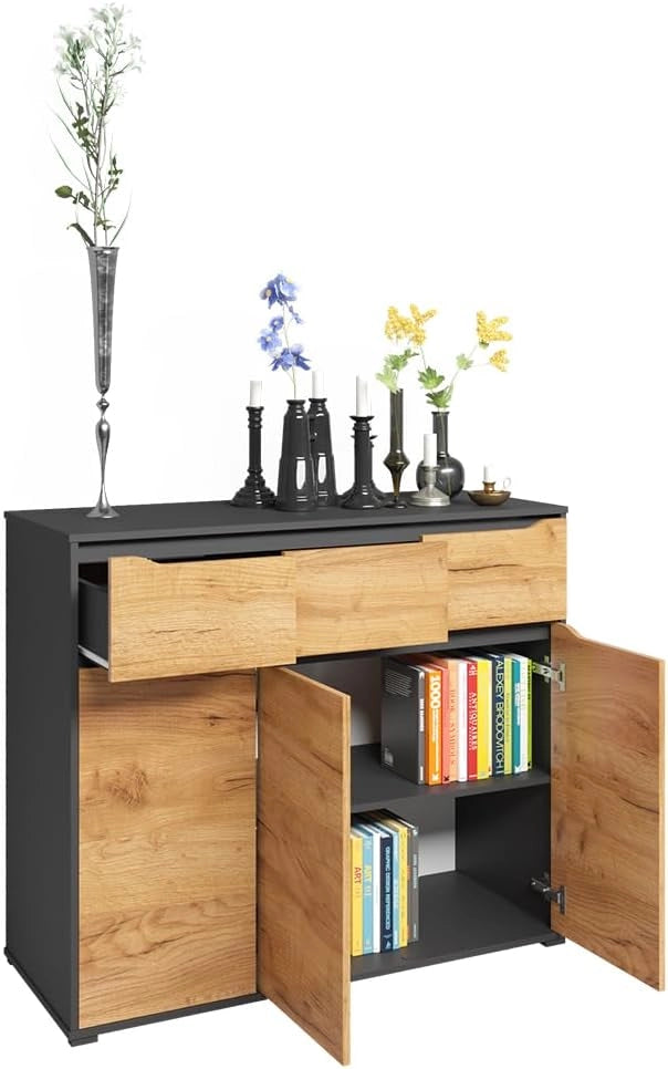 Credenza Ruben, Quercia dorata, 48 x 101.6 cm con cassetti, per riporre abiti e oggetti di uso quotidiano