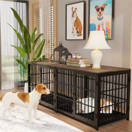 Banco per cani - Banco XL per cani - Mobili per animali - Nero - Recinzione per cani - Tavolo da cucina per animali - Stile mobile per animali - Recinzione per cani con tre porte - Piastra da cucina rimovibile - MOMENTELE NON DISPONIBILE