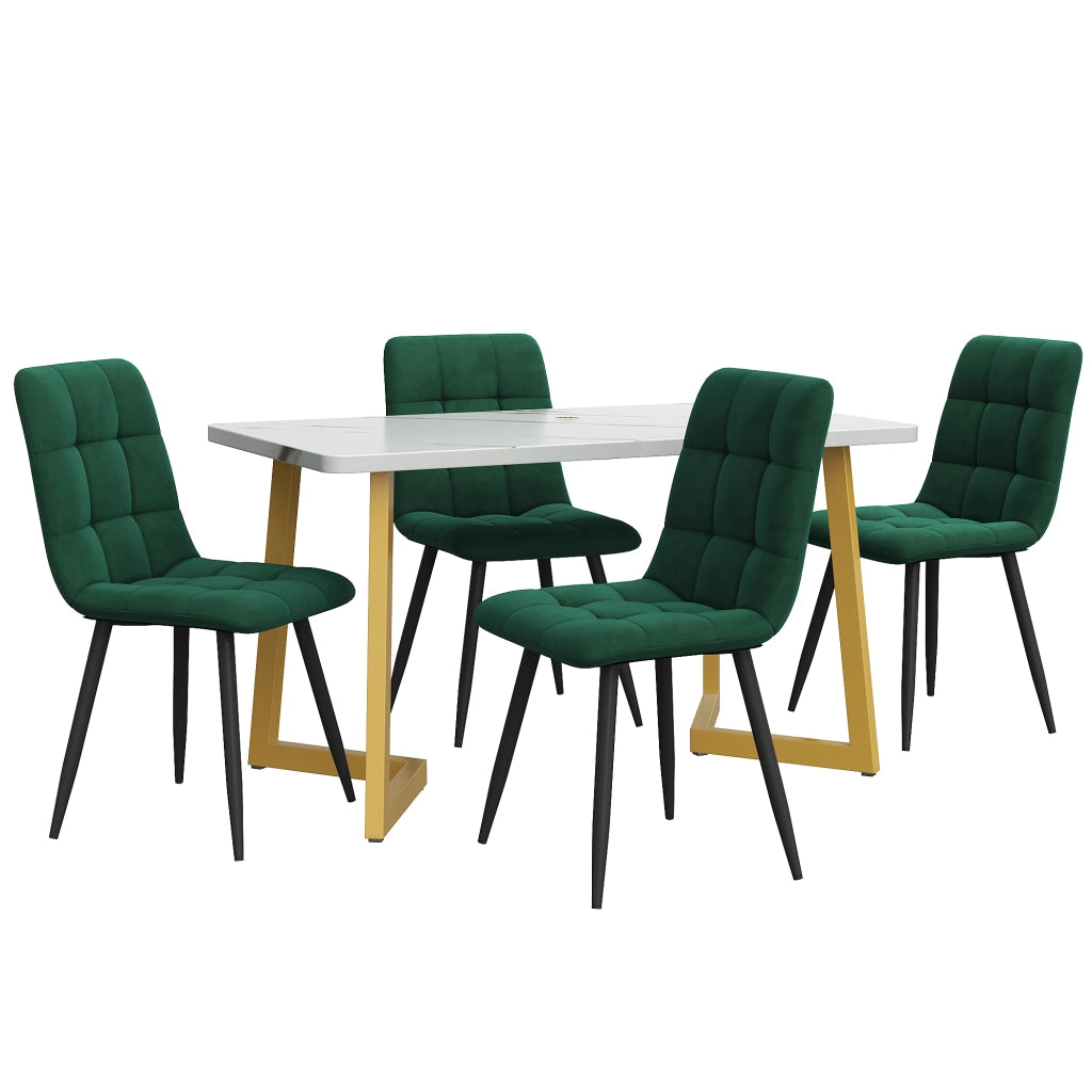 Tavolo da pranzo per 4 persone con 4 sedie, piano effetto marmo, sedute in velluto, per cucina, in MDF, verde
